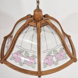 Art Nouveau style chandelier in wood and glass from the 1970s