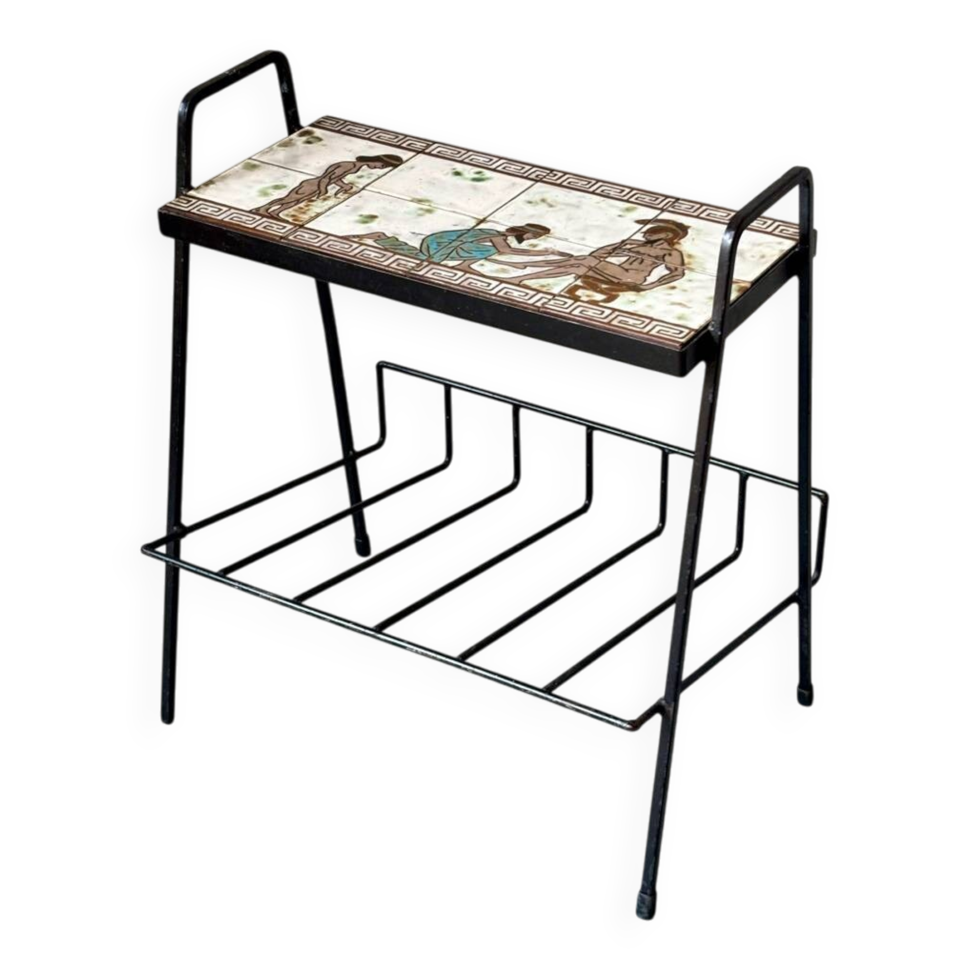 Vintage magazine table with Greek mythology motif.