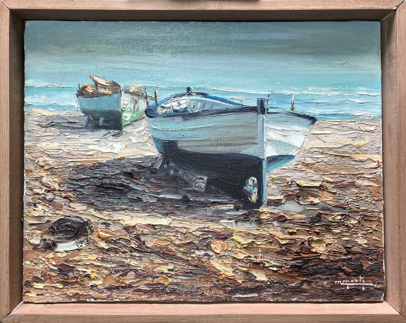 Tableau HST "Barques sur la Plage" éc. XX° Signé M. Marti