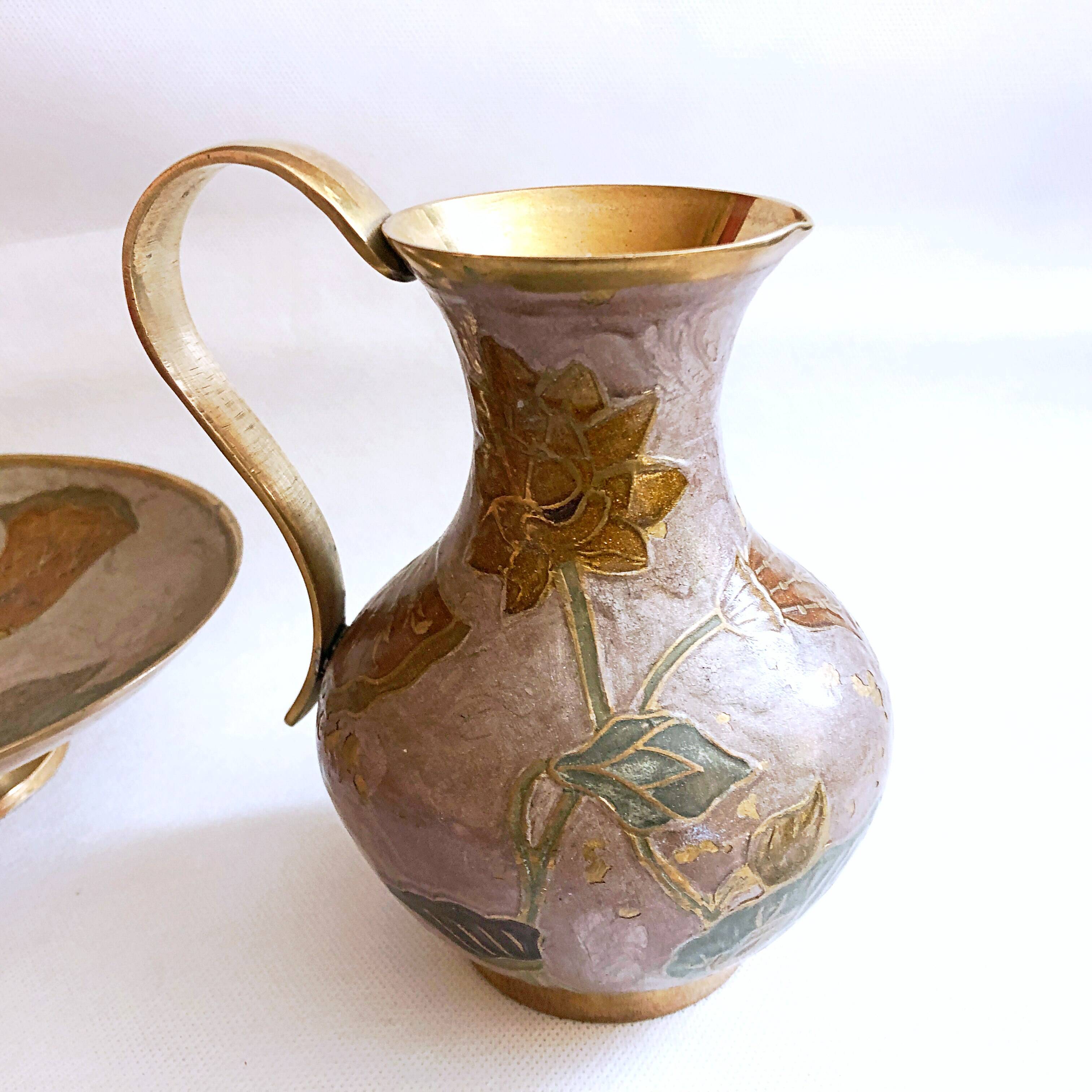Enamelled brass carafe and cup set