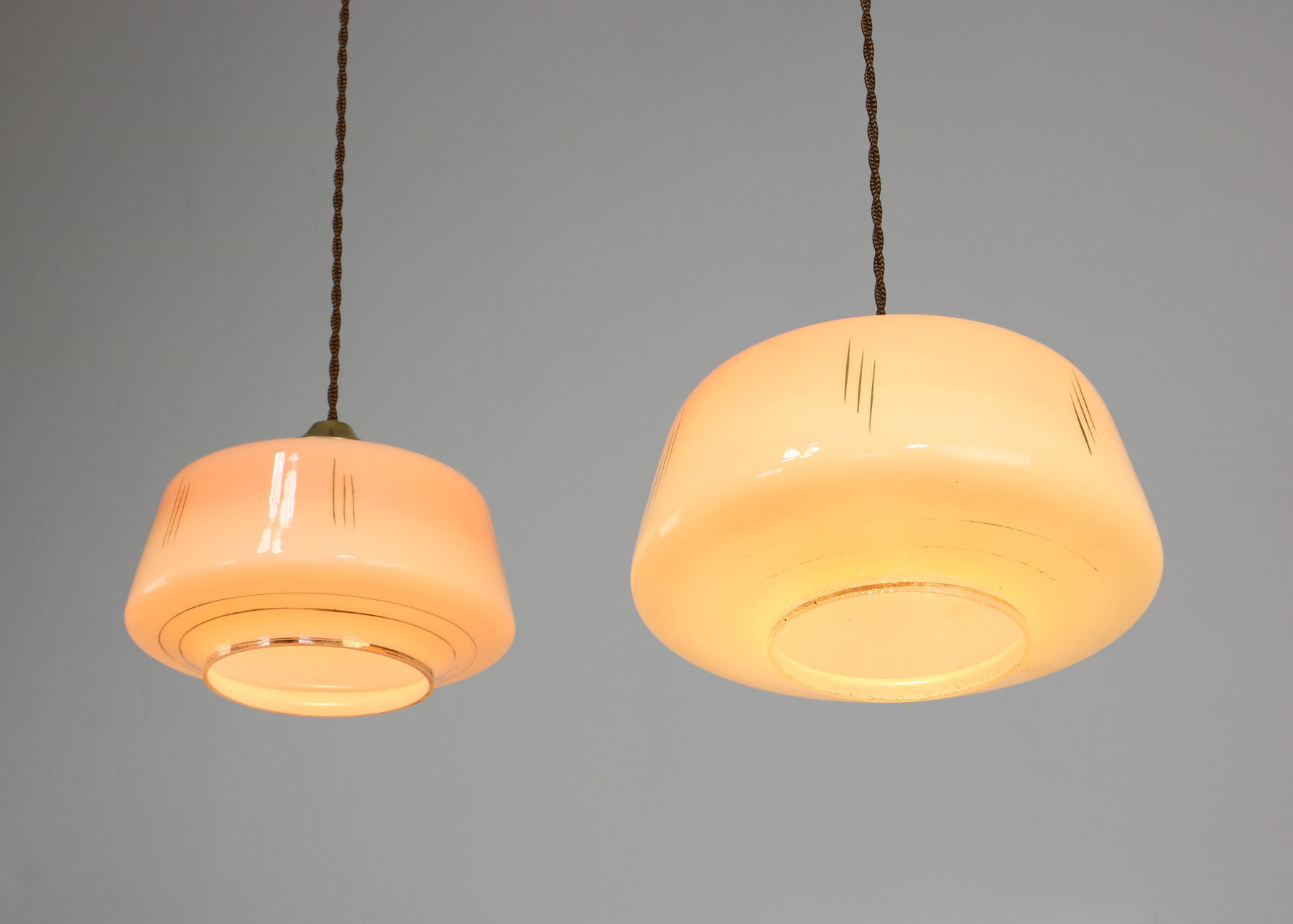 Mid-century glass & brass pendant lamps, set of 2