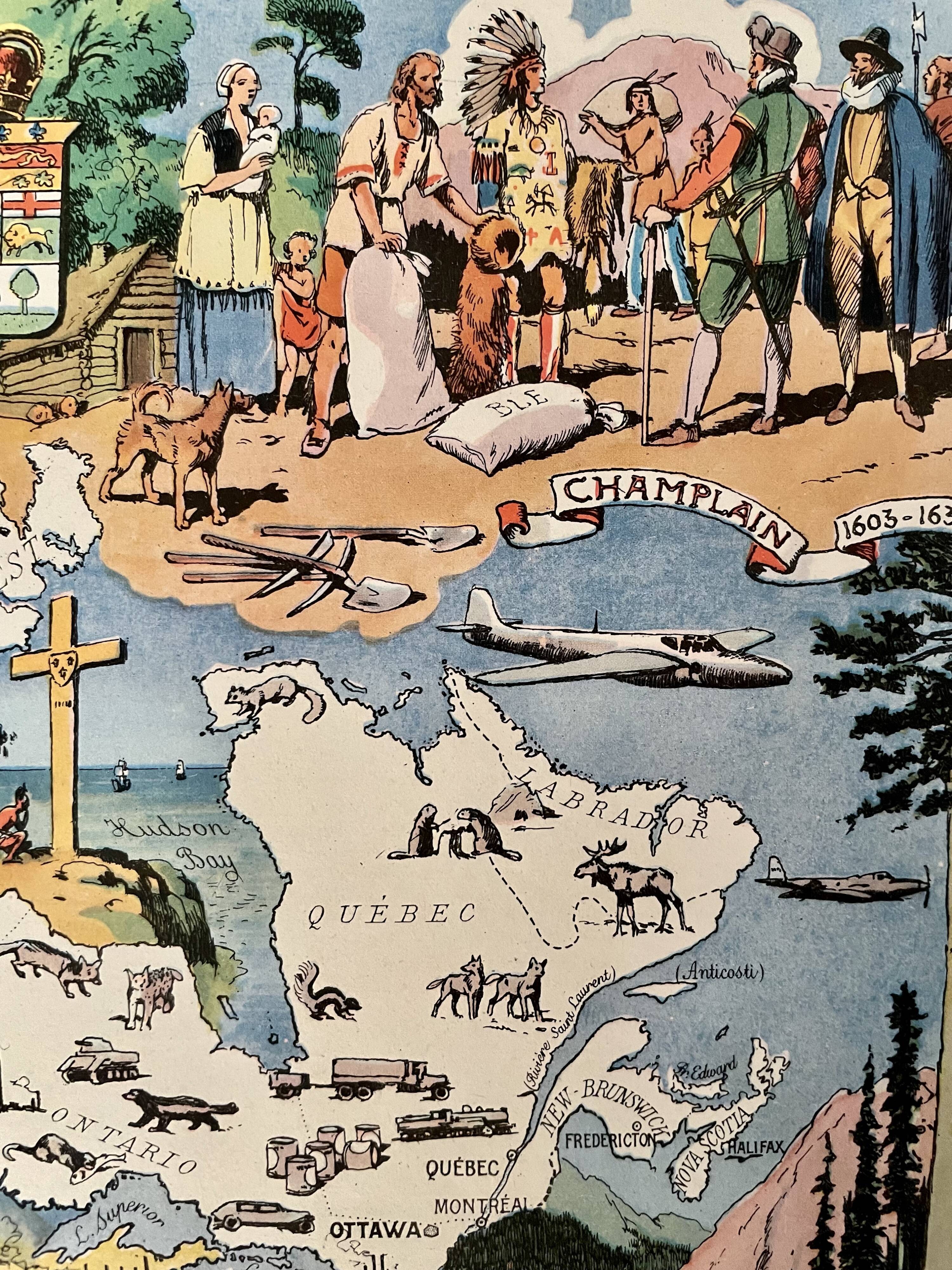 Affiche ancienne carte illustrée du Canada de 1948 - JP Pinchon
