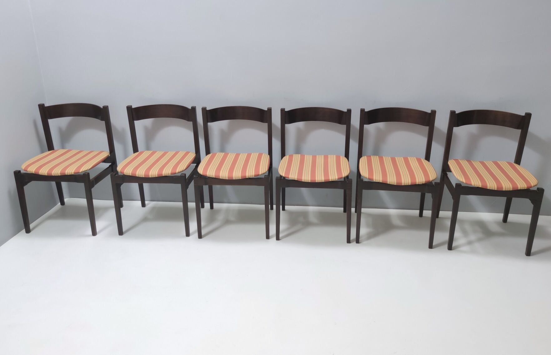 Vintage Set of Six Walnut Chairs by Gianfranco Frattini for Cassina with Stripe Patterned Orange Fab