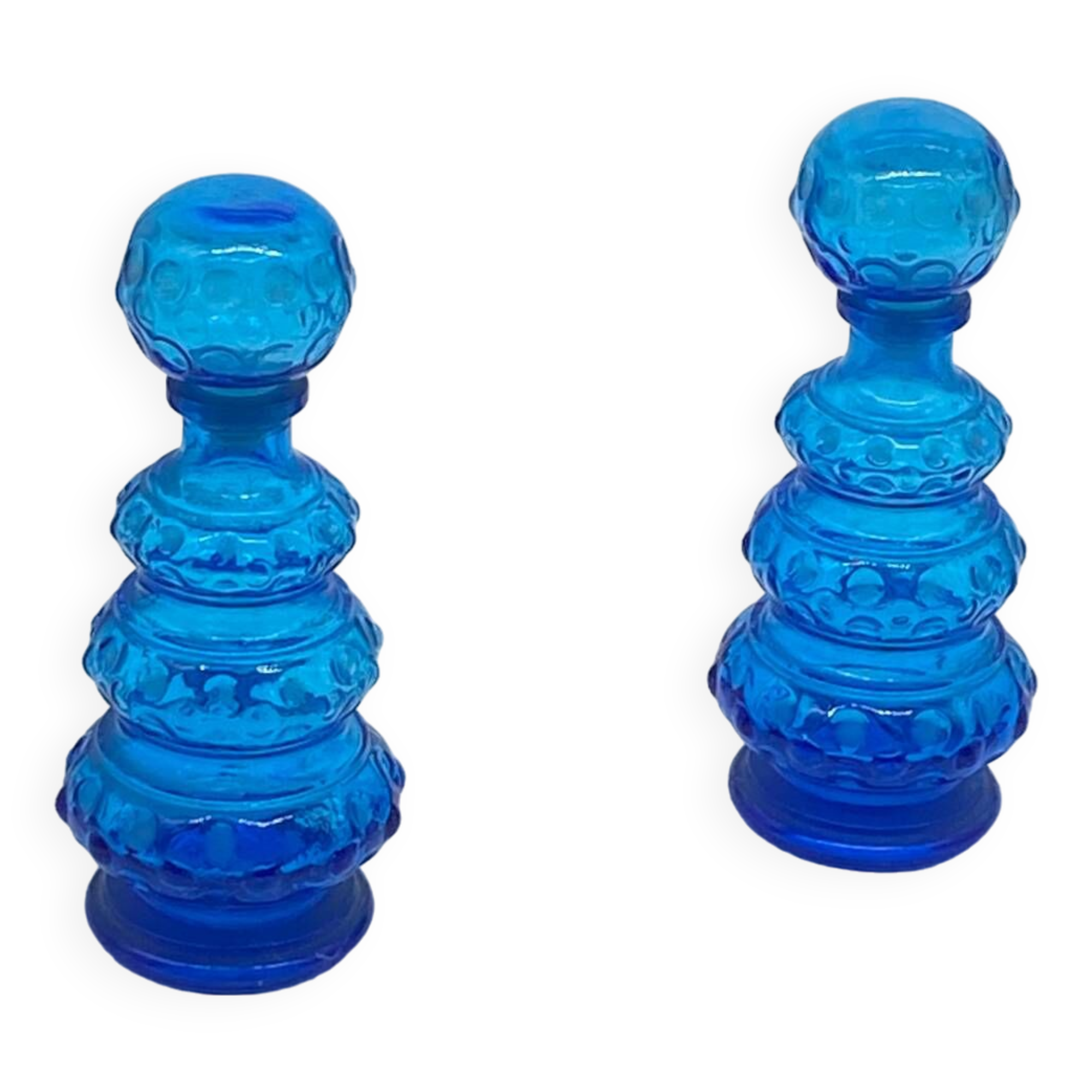 Duo of vintage blue glass bottles / carafe, Empoli, Italy