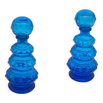 Duo of vintage blue glass bottles / carafe, Empoli, Italy