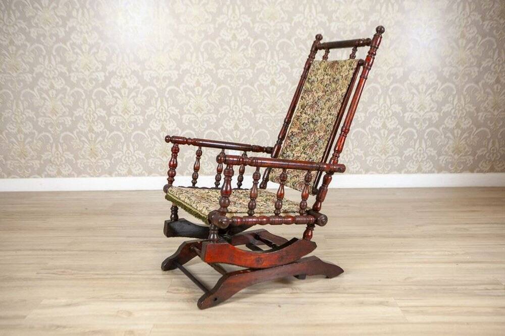 Antique Spring Rocking Chair in Floral Fabric, 1890s
