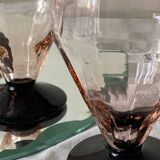 6 small Art Deco pink wine or water glasses with black stems.