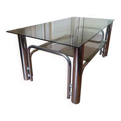 Table basse en acier chromé et verre teinté années 70