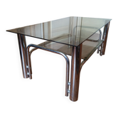 Table basse en acier chromé et verre teinté années 70