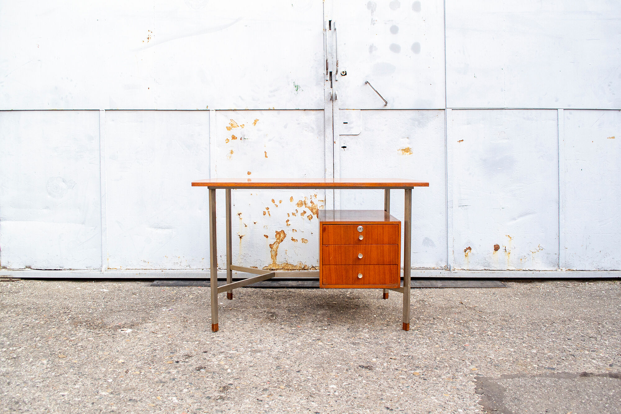 Nickel-plated metal and teak wood desk Italy, 60s