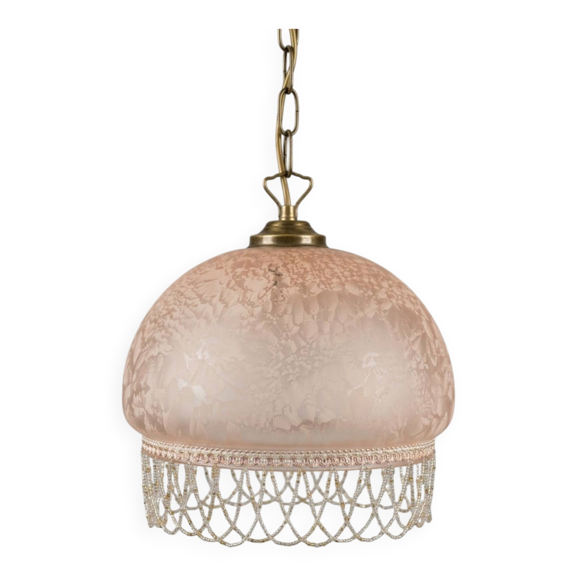 Vintage suspension in frosted pink glass with pearl pendants.