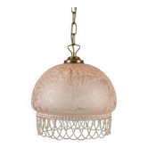 Vintage suspension in frosted pink glass with pearl pendants.