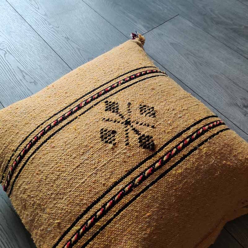 Yellow Berber cushion with cotton pompom