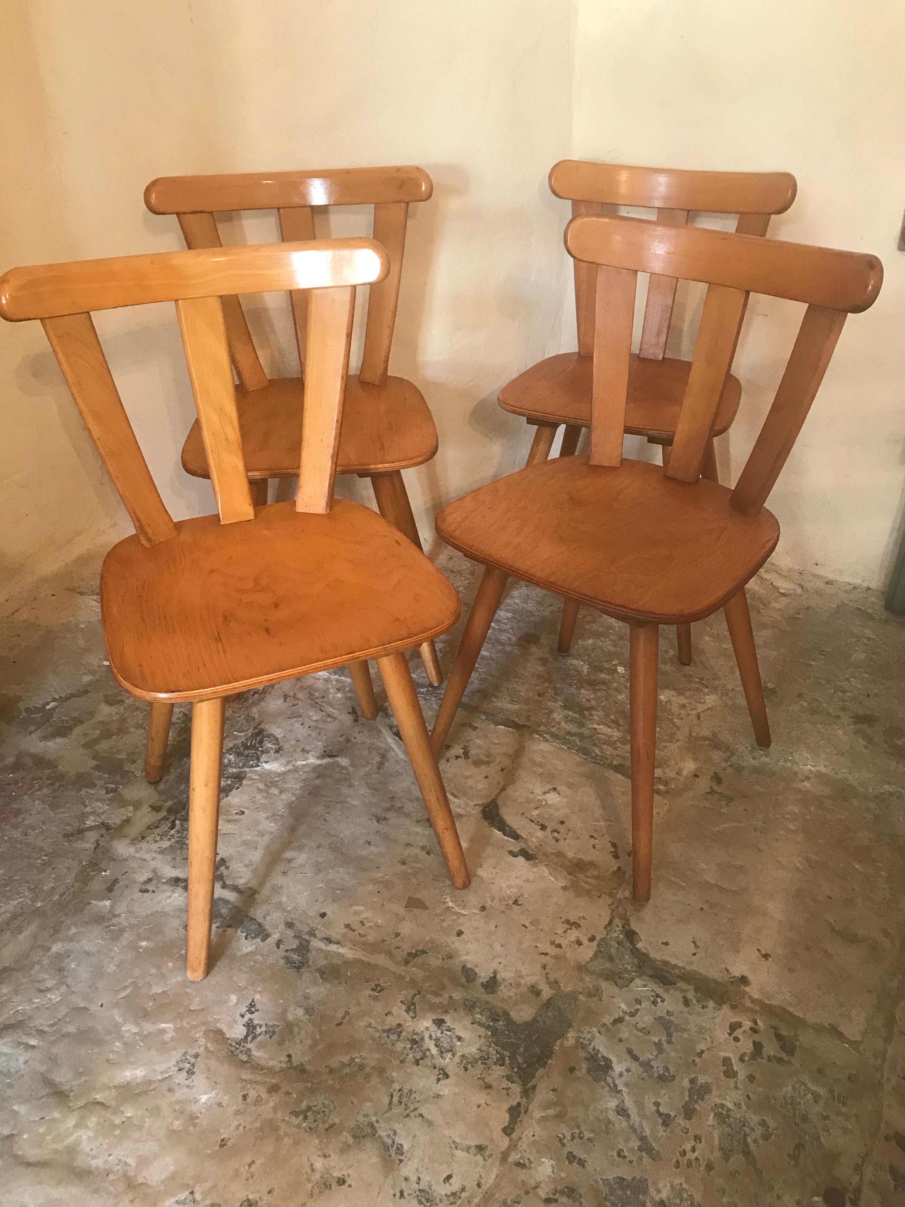 Set of 4 vintage bistro style chairs in beech circa 1960