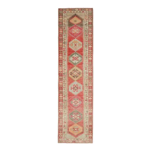 1970s Vintage Turkish Hand-Knotted Wool Cotton Red Runner Rug 82x334