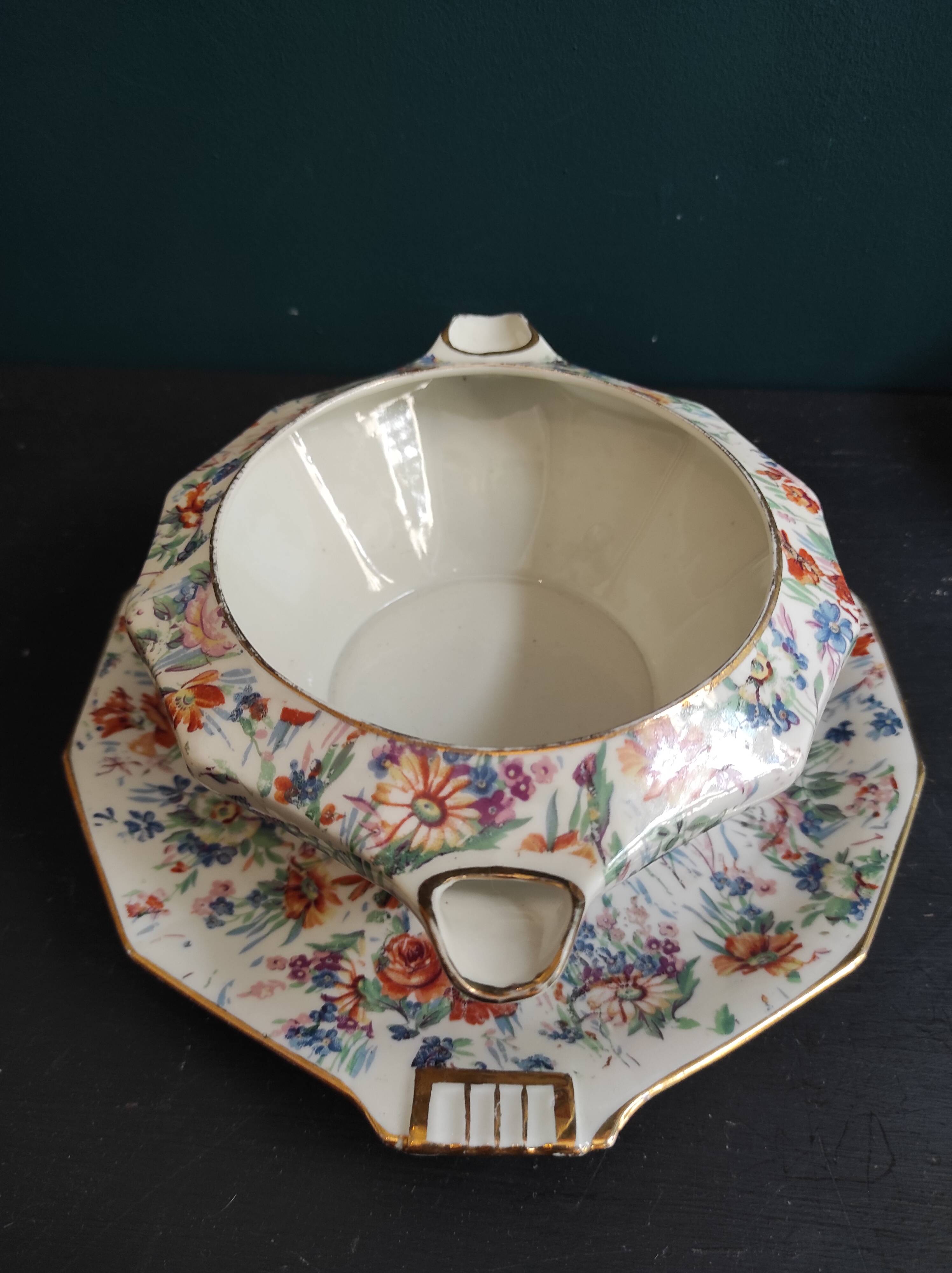 Vintage French serving sauce boat from La Tallec, Limoges, with colourful floral decoration