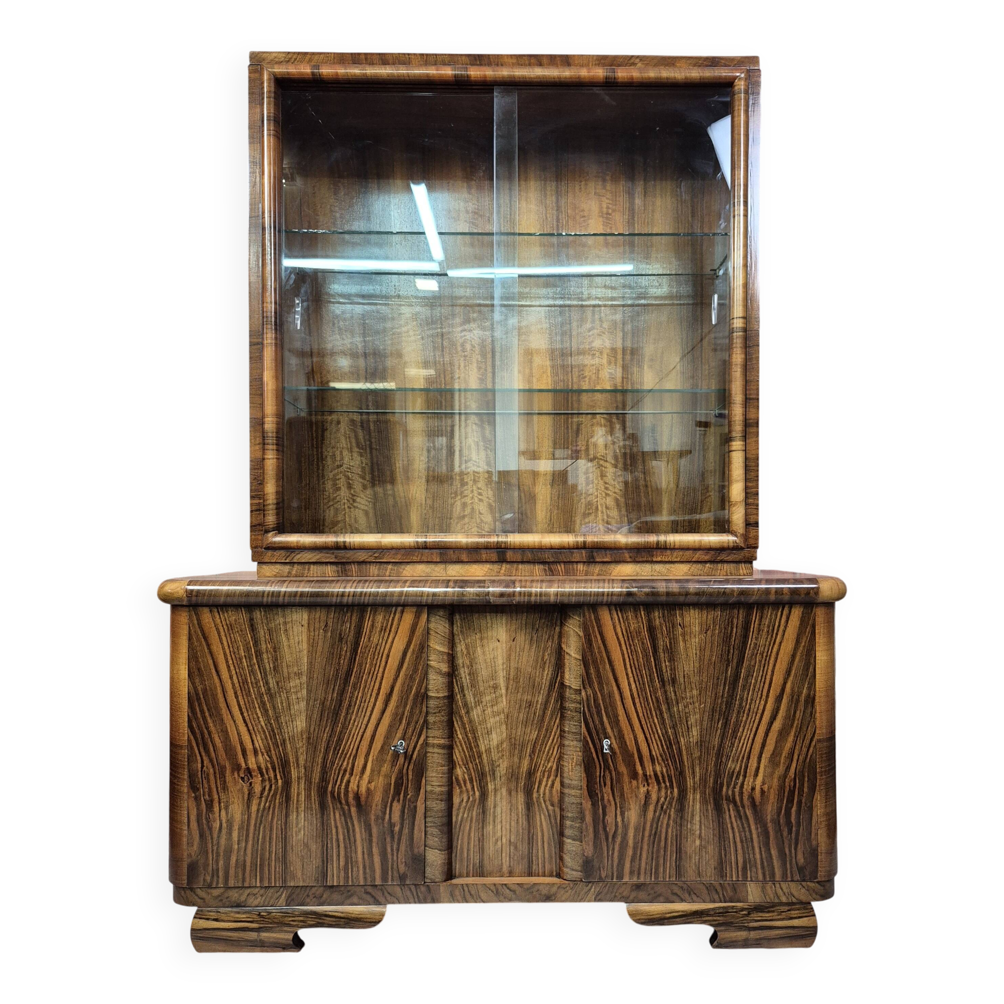 Streamlined Art Deco Walnut Display Cabinet / Sideboard – 1930s / 1940s