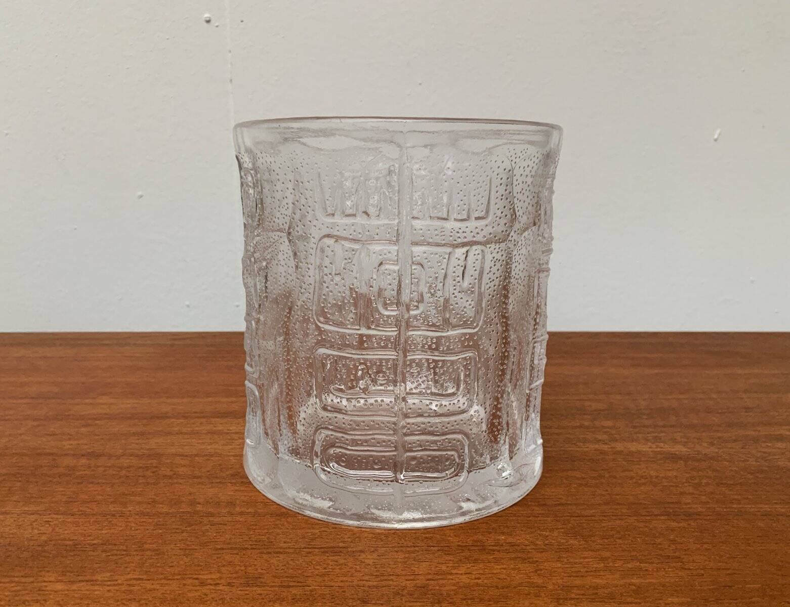 Large vintage glass vase or bowl with South American/Inca ornaments.