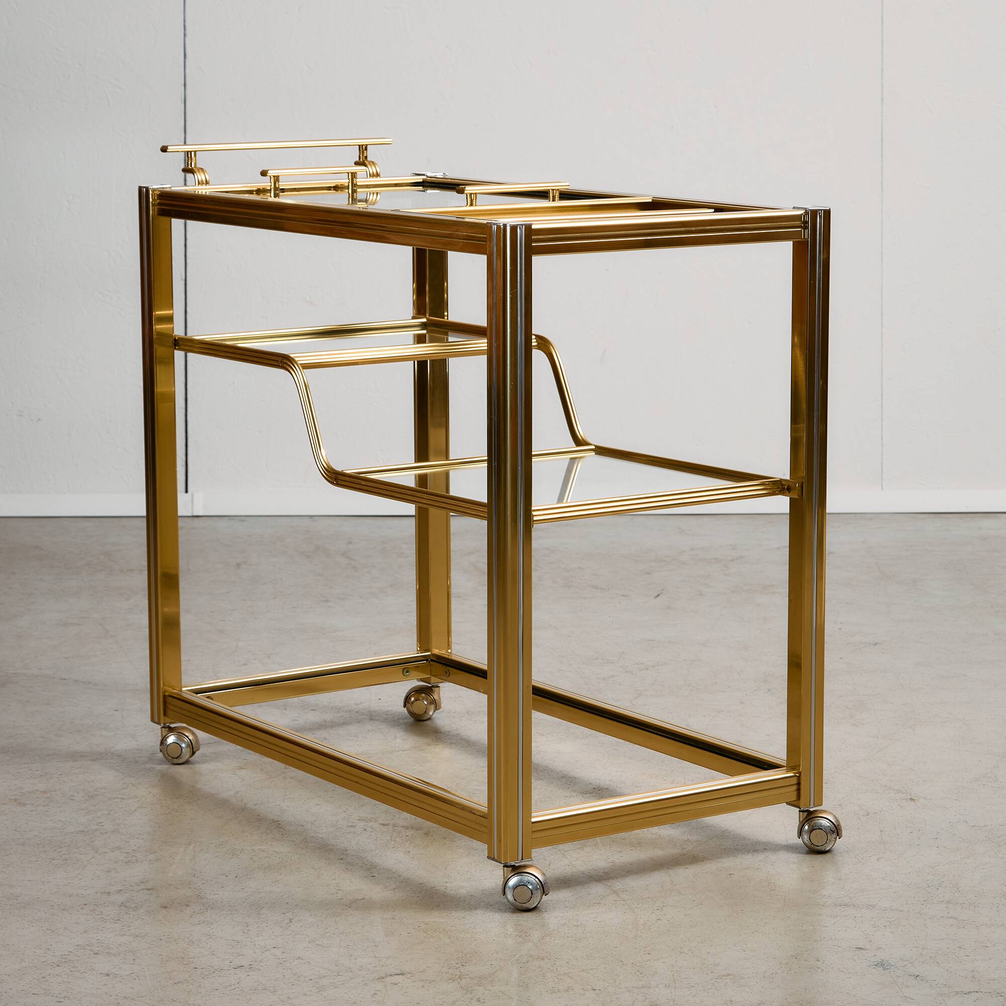 Bar Cart in Gold and Chrome with Glass Shelves, 1970s