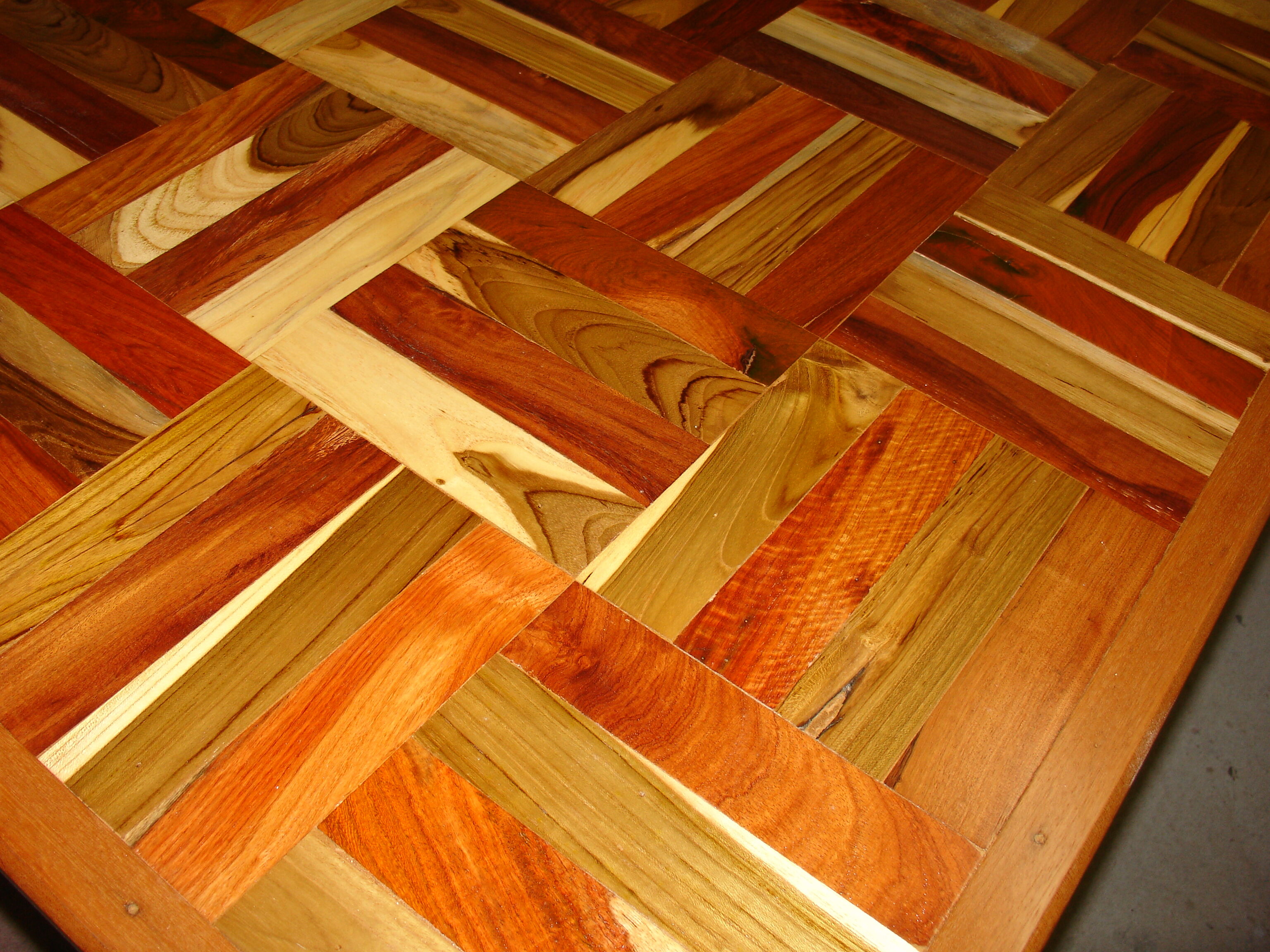 Square table in solid wood mosaic with chrome base, circa 1970