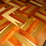 Square table in solid wood mosaic and foot chrome around 1970