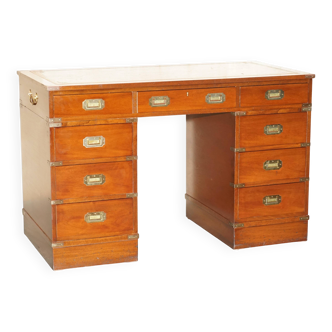 Vintage Harrods Kennedy desk in military campaign style with drawers.
