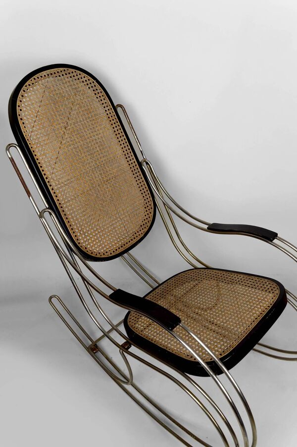 Rocking Chair Moderniste Bois Noirci, Cannage et Structure Chromée, 1960-70