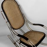 Modernist Rocking Chair in Blackened Wood, Canework and Chrome Frame, 1960-70