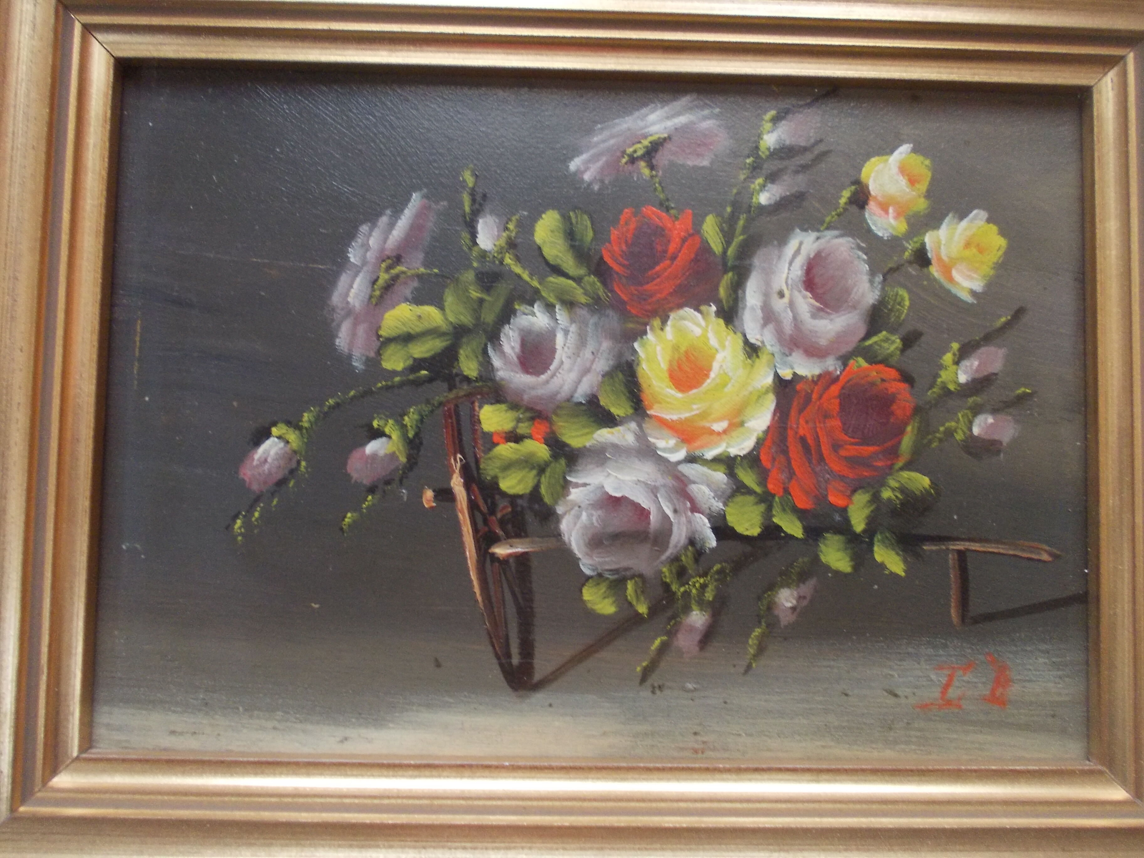 PAINTING oil painted on wood BOUQUET OF ROSES signed C.P., pretty frame ARTEMIS 1975, still life, CP