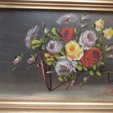 PAINTING oil painted on wood BOUQUET OF ROSES signed C.P., pretty frame ARTEMIS 1975, still life, CP