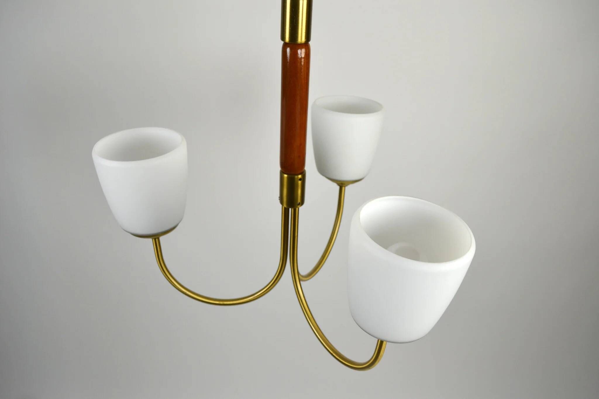 Scandinavian Modern Three-Light Pendant in Brass, Teak and Opaline Glass, 1960s