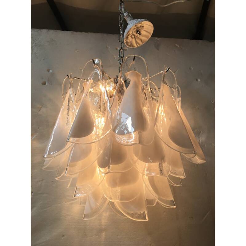 Italian White and Transparent Murano Glass Chrome Metal Frame Chandelier Sputnik