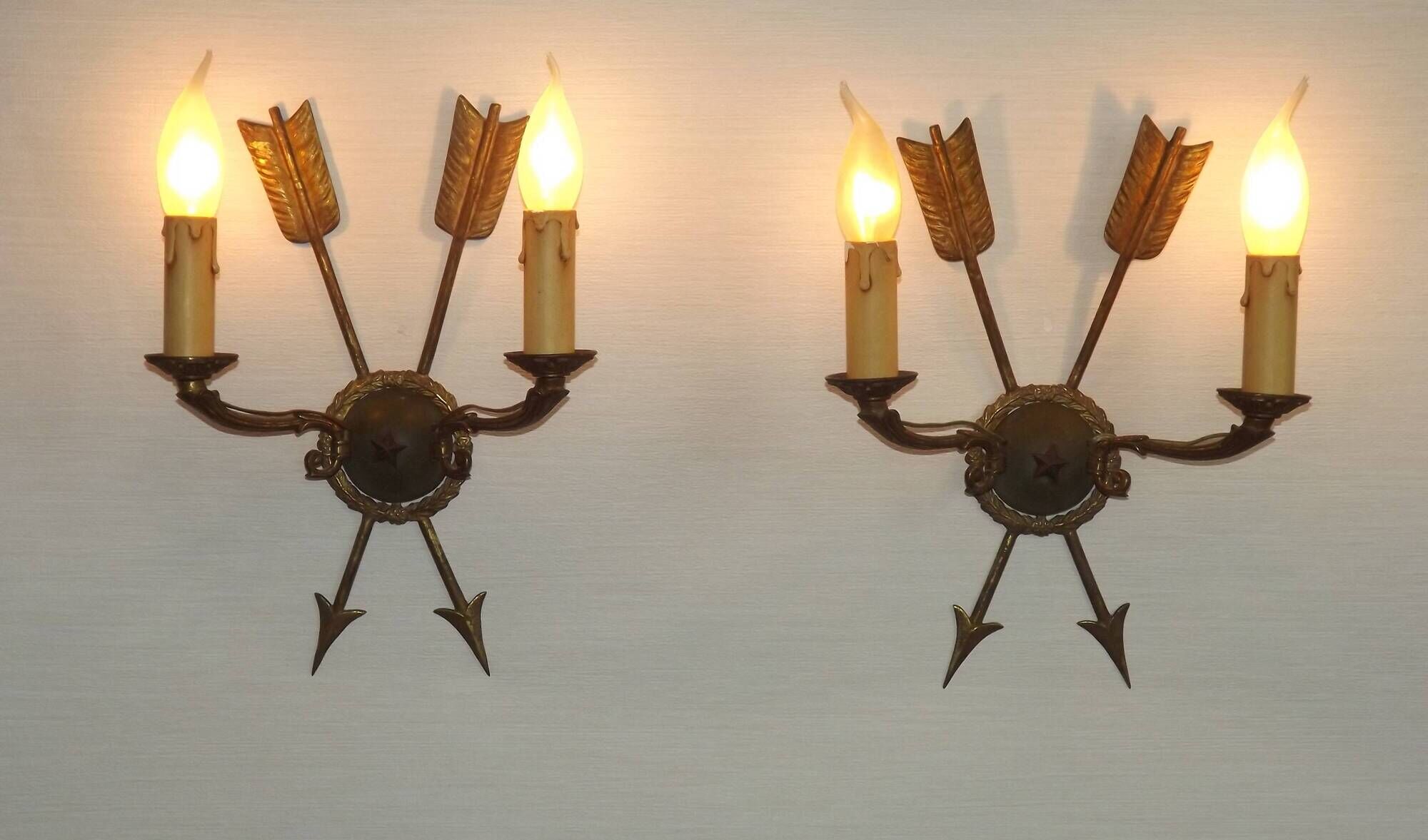 French Vintage Bronze Empire Arrow & Quiver Criss Cross Double Wall Sconces