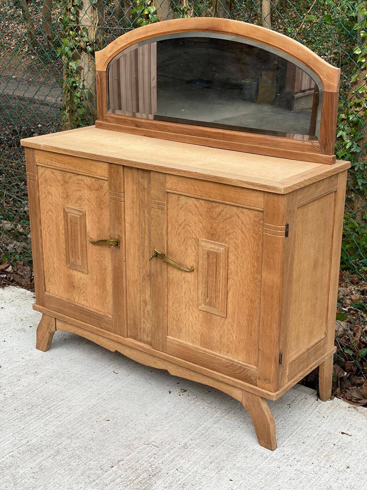 Art Deco mirror in carved arch renovated in solid raw oak wood 112cm