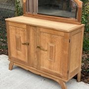 Art Deco mirror in carved arch renovated in solid raw oak wood 112cm