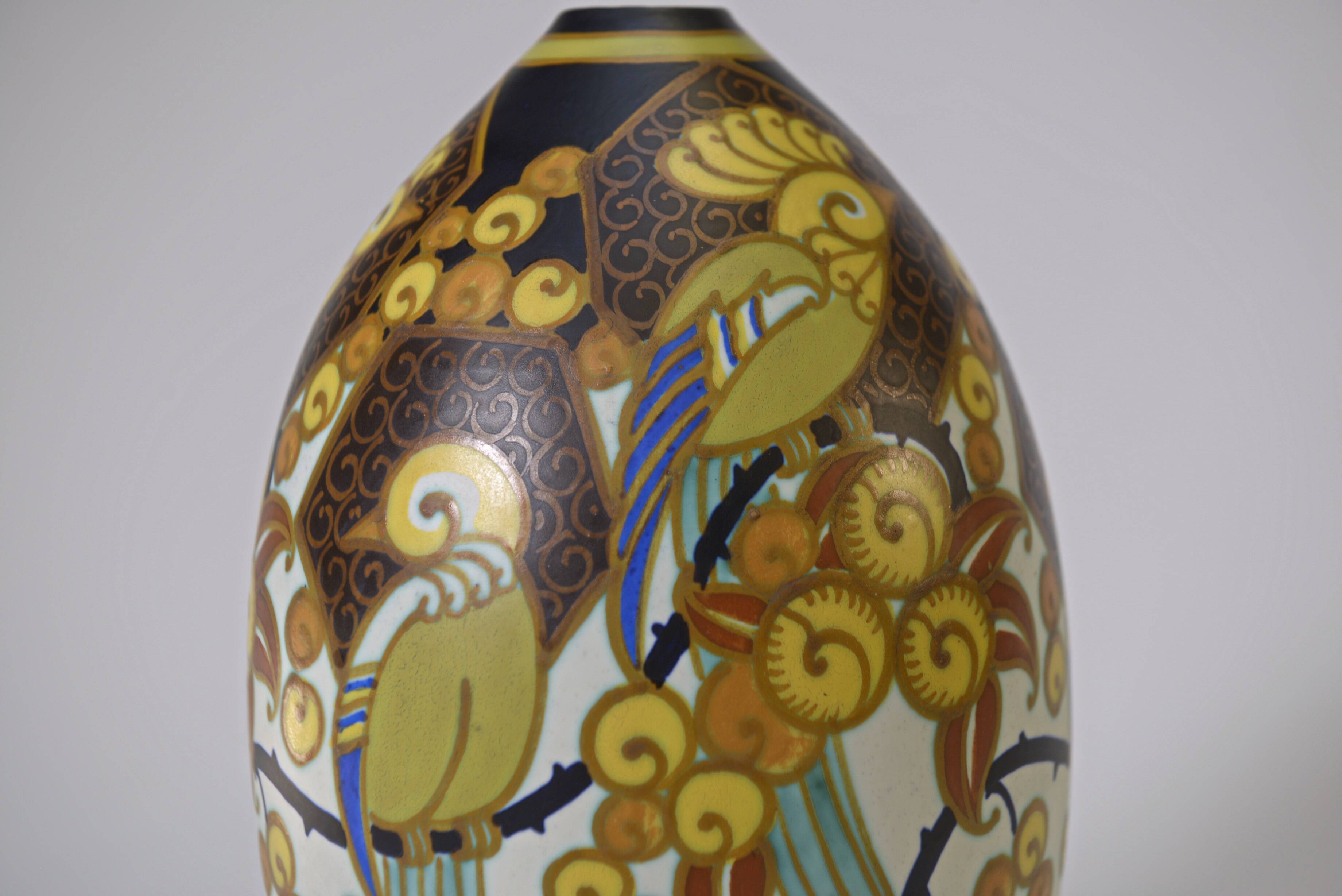 Keramis art deco porcelain vase signed jan wind "birds of paradise"