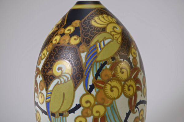Vase en porcelaine art déco keramis signé jan wind ''oiseaux de paradis