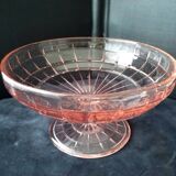Footed bowl, pressed glass compote in pink Art Deco style.