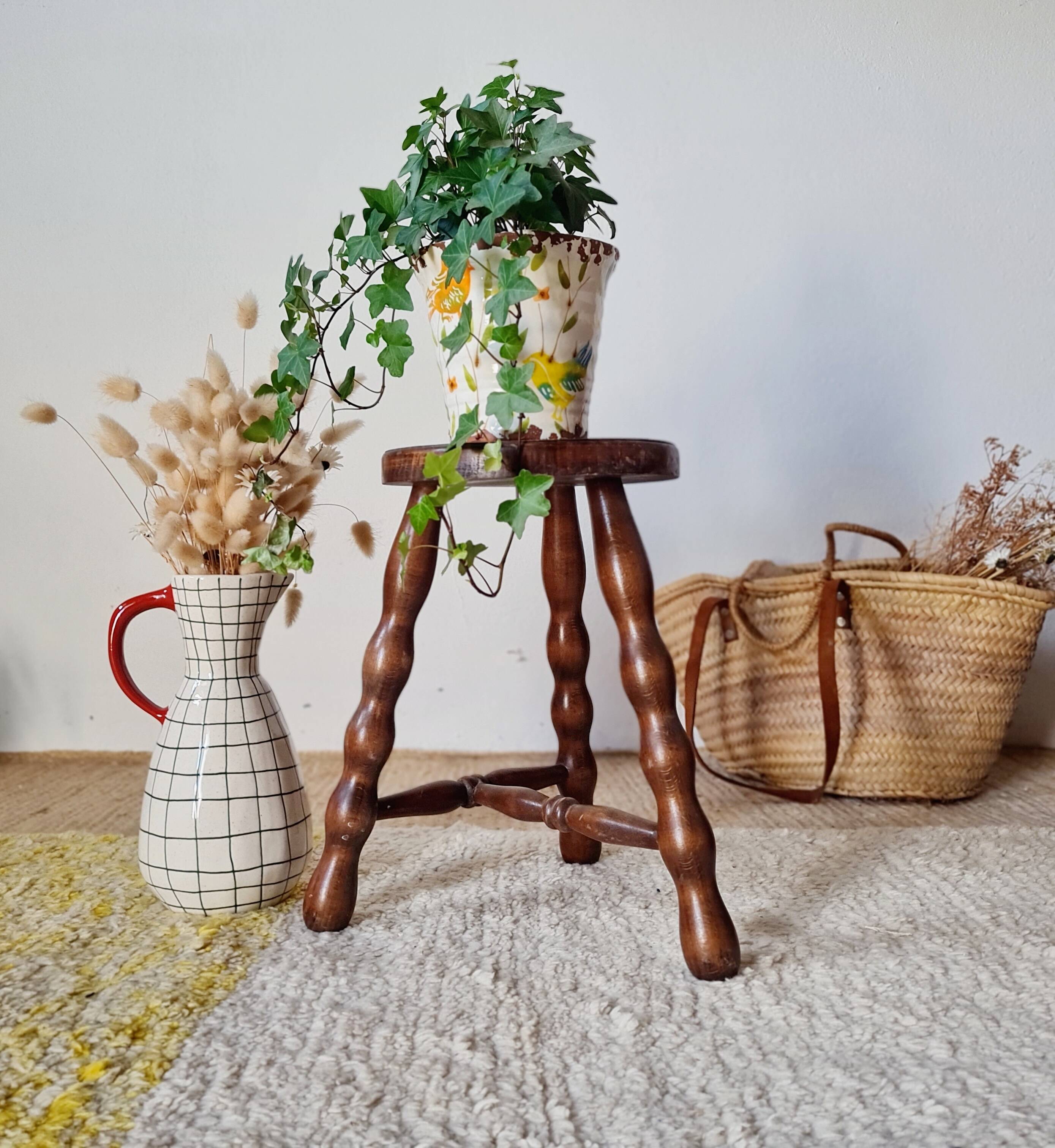 Antique wooden tripod stool - turned leg side table