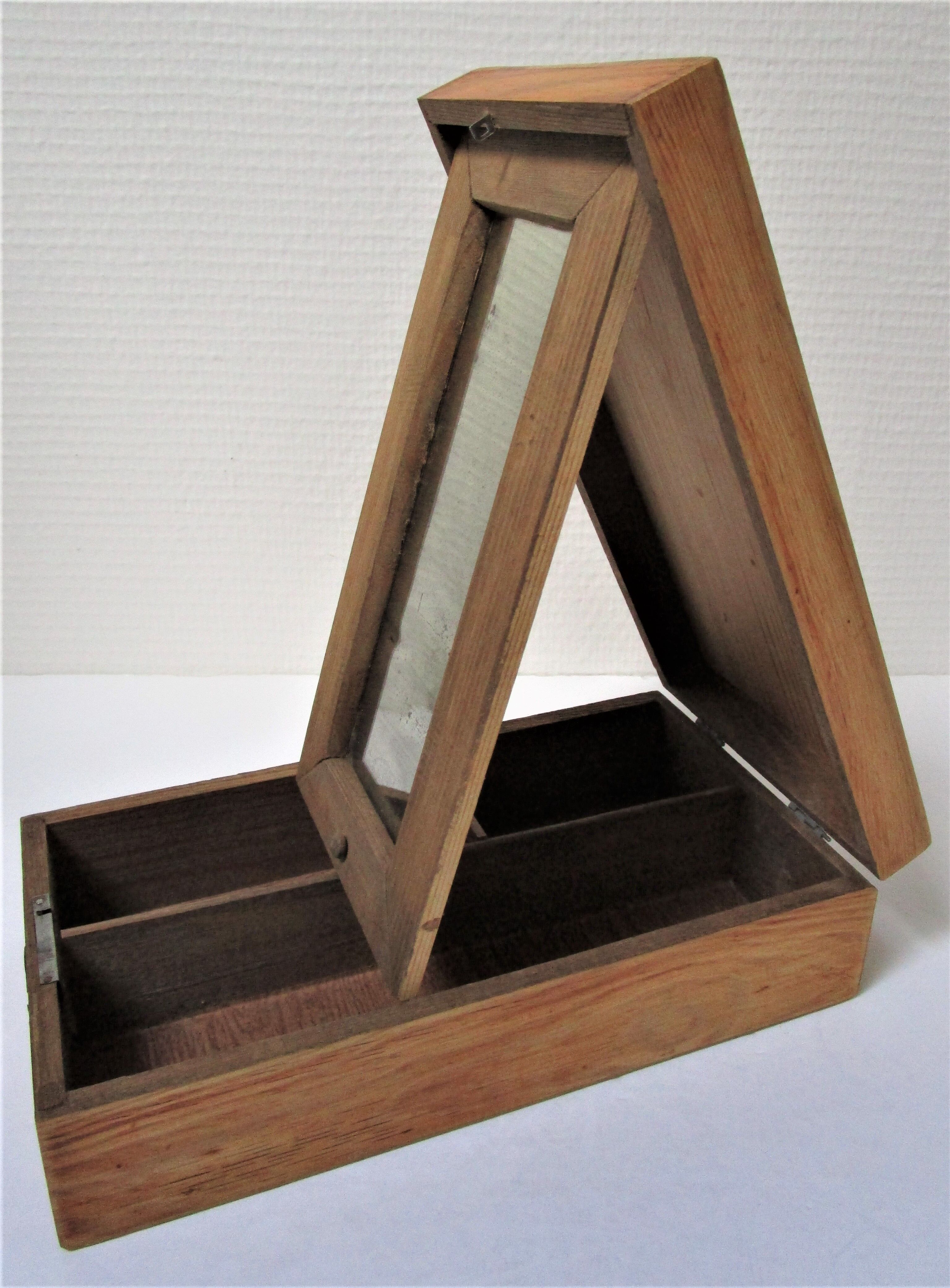 Wooden jewel box with patinated mirror early 20th century