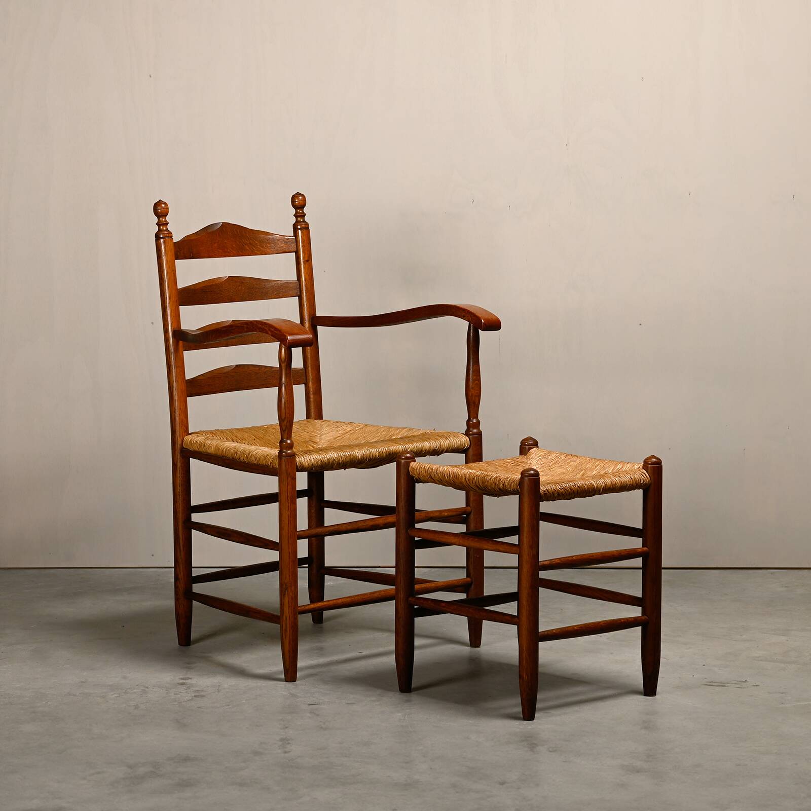 Rustic Armchair and Stool in stained oak and rush, France 1950s
