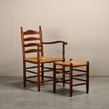 Rustic Armchair and Stool in stained oak and rush, France 1950s