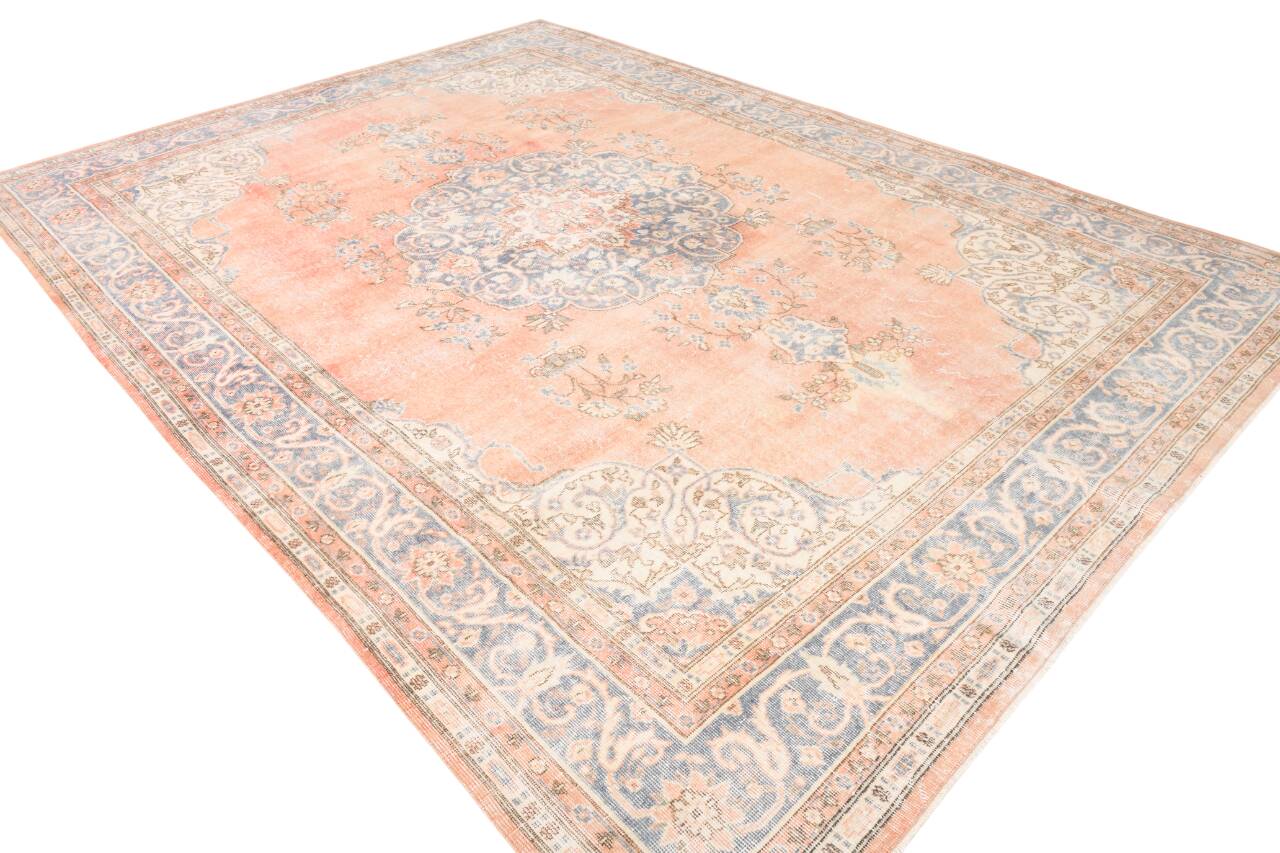 8x12 Classic Pattern Peach & Blue Vintage Rug, 258x357Cm