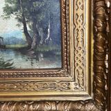 Barbizon School 19th century - Oil on panel - Washerwoman mill landscape - 1870