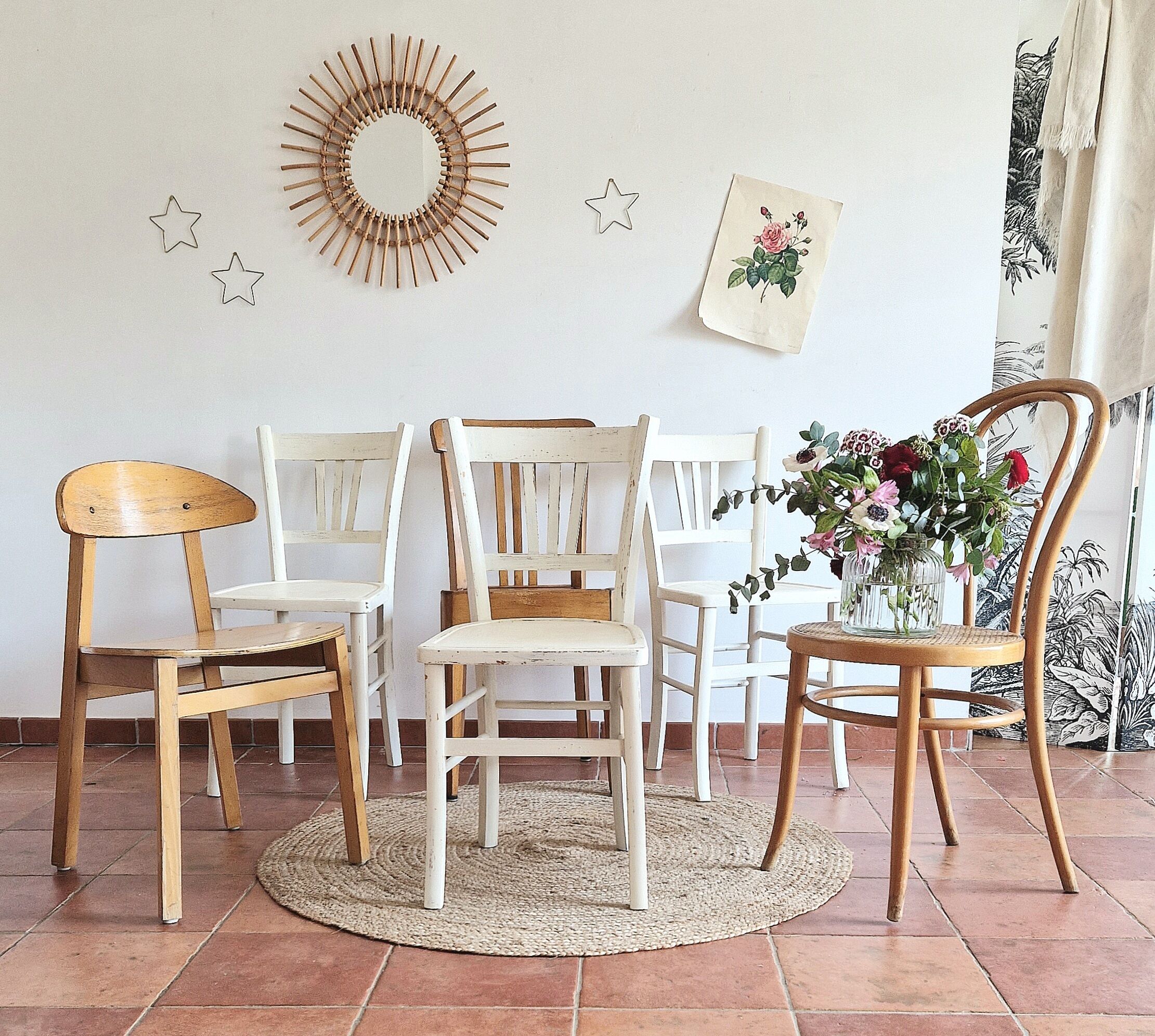 Set of 6 mismatched and patinated chairs