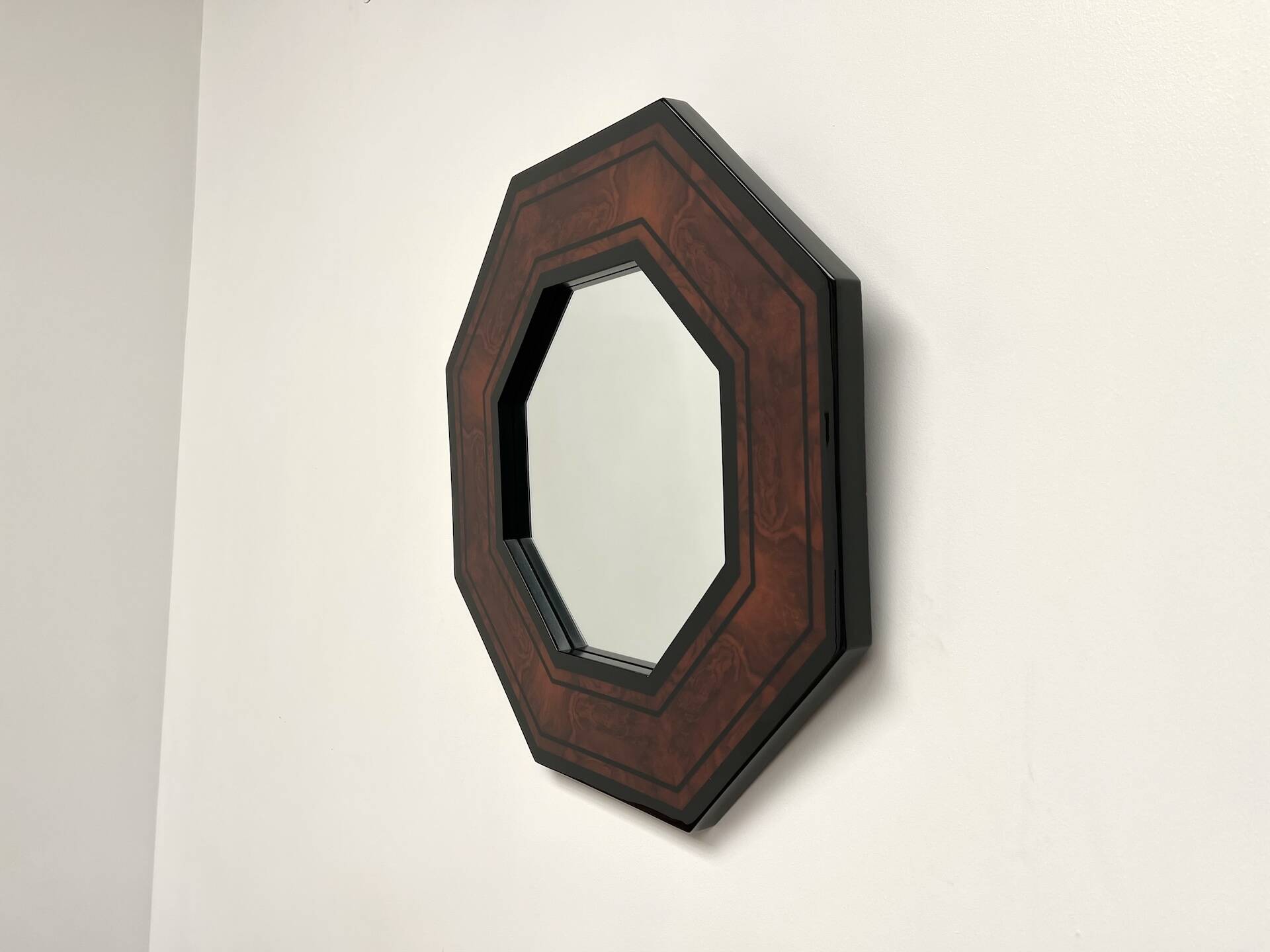 Octagonal wooden mirror by Jean-Claude Mahey