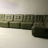 Patchwork modular sofa set in olive green patinated leather, 1970