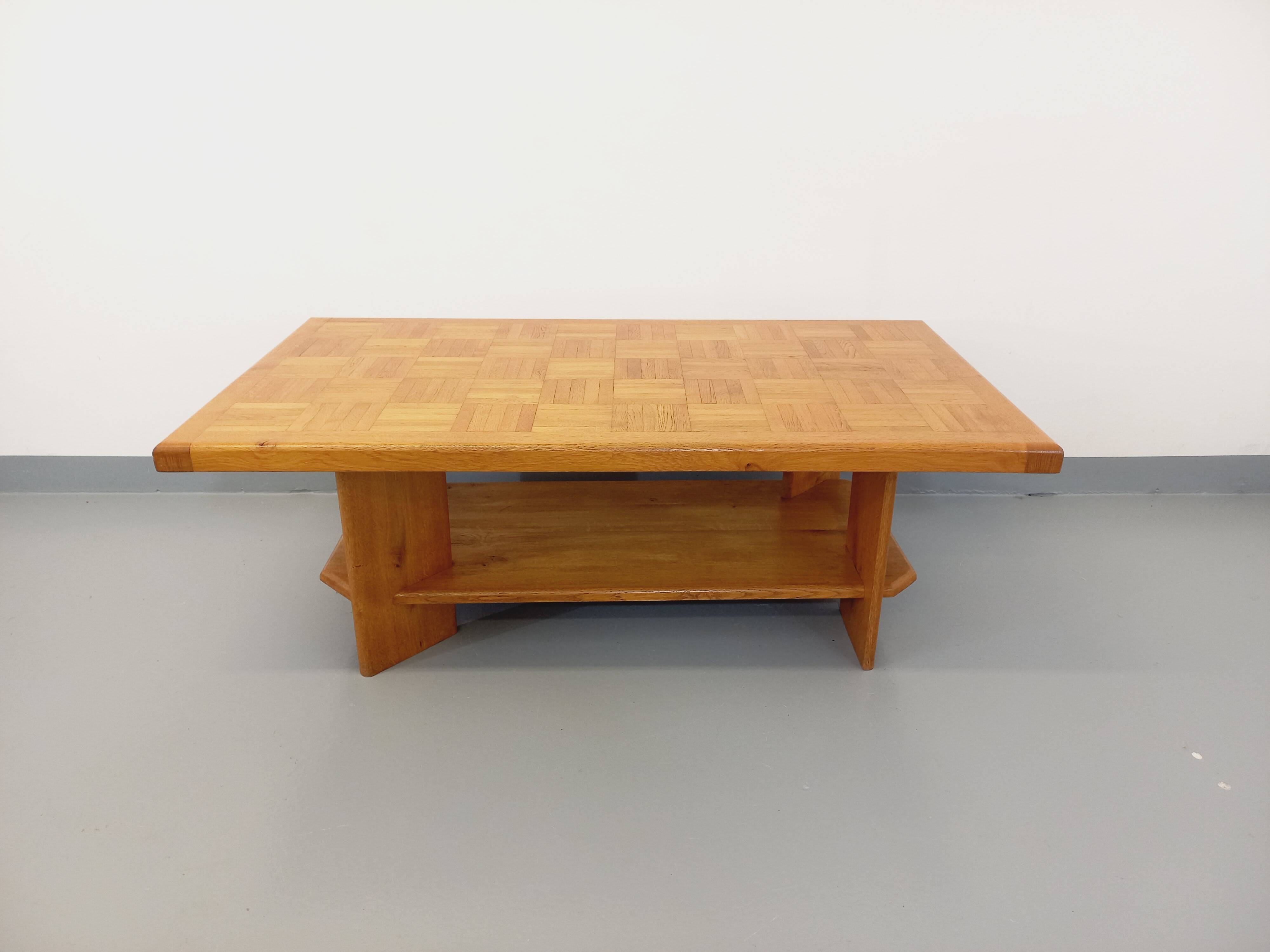 Vintage solid oak coffee table from the 70s 80s Perriand Regain Chapo style