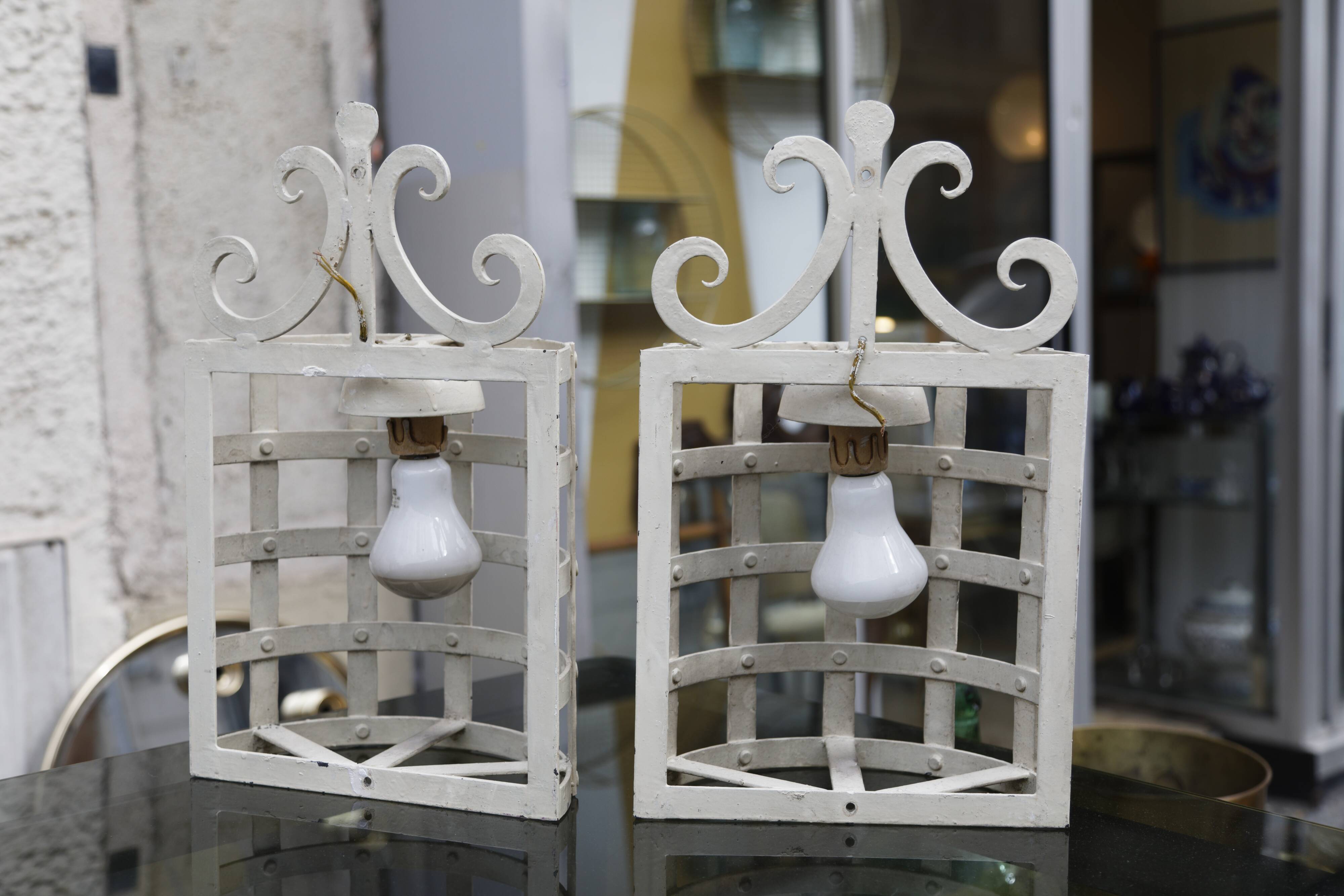 Pair wall lamps lanterns metal white