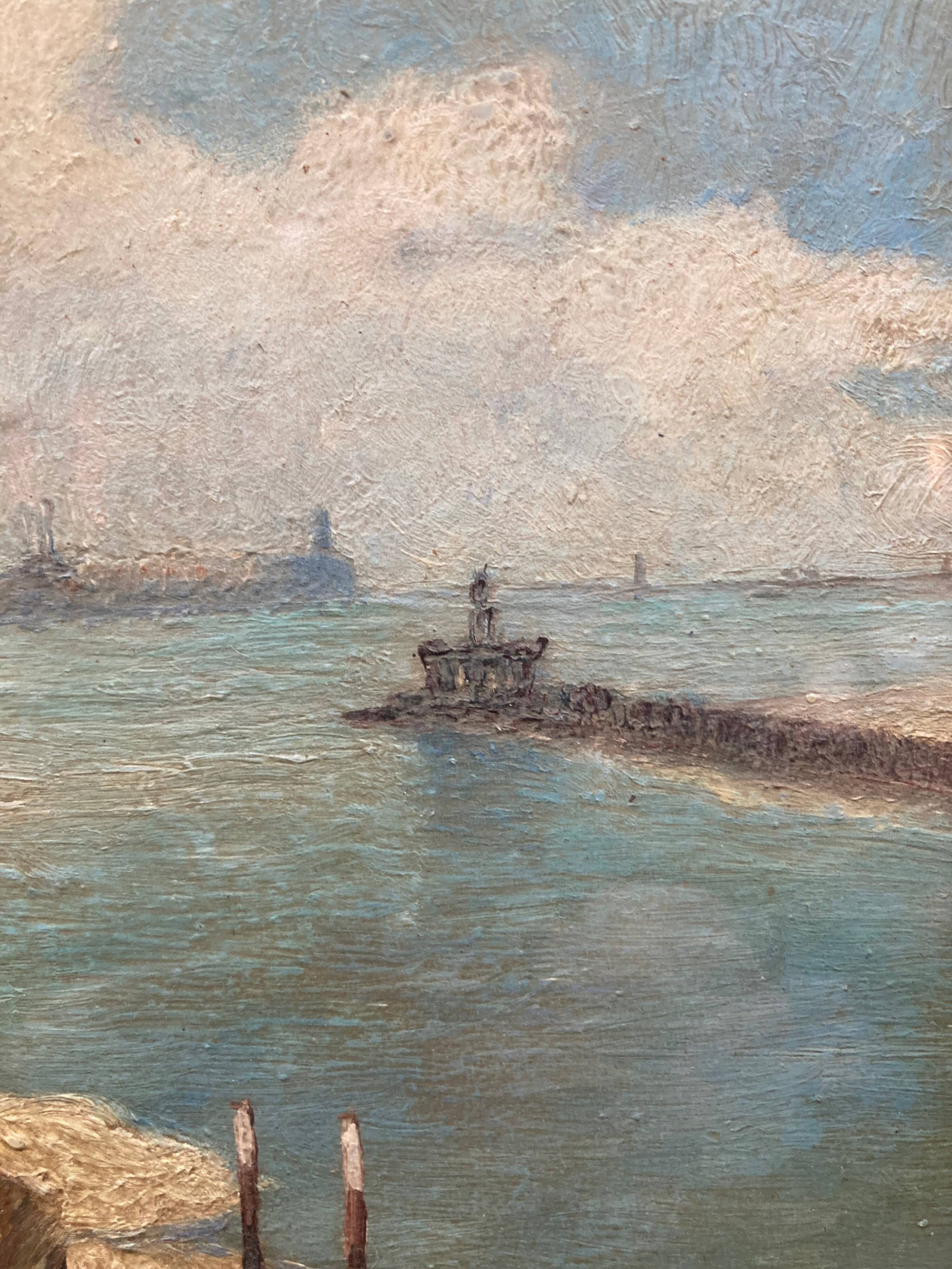 Oil painting of Harwich Docks by Geoffrey French. 1930